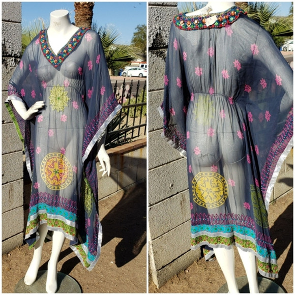 RIVA SILK Kaftan Style Long Printed‎ Dress - Picture 1 of 8